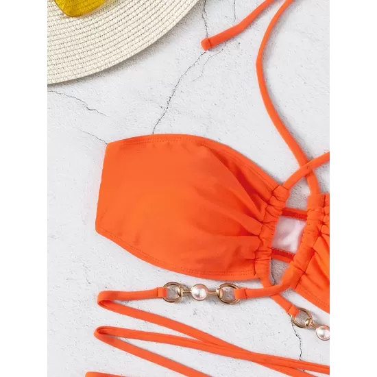 Belly-Hollow Beads Hollow Halter-Neck Bikini Swimsuit Belly-Hollow Beads Hollow Halter-Neck Bikini Swimsuit