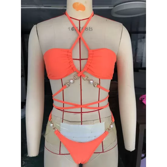 Belly-Hollow Beads Hollow Halter-Neck Bikini Swimsuit Belly-Hollow Beads Hollow Halter-Neck Bikini Swimsuit