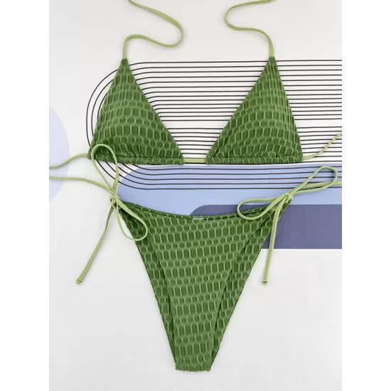 Backless Bandage Hollow Solid Color Padded Halter-Neck Bikini Swimsuit Backless Bandage Hollow Solid Color Padded Halter-Neck Bikini Swimsuit