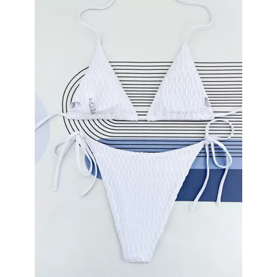 Backless Bandage Hollow Solid Color Padded Halter-Neck Bikini Swimsuit Backless Bandage Hollow Solid Color Padded Halter-Neck Bikini Swimsuit