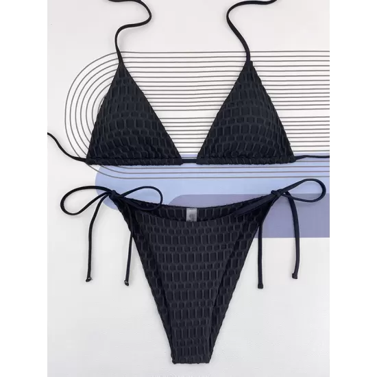 Backless Bandage Hollow Solid Color Padded Halter-Neck Bikini Swimsuit Backless Bandage Hollow Solid Color Padded Halter-Neck Bikini Swimsuit