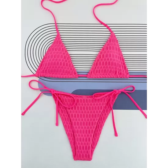 Backless Bandage Hollow Solid Color Padded Halter-Neck Bikini Swimsuit Backless Bandage Hollow Solid Color Padded Halter-Neck Bikini Swimsuit