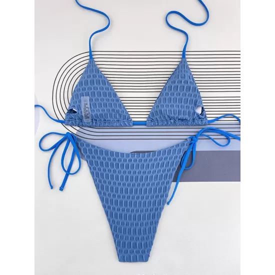 Backless Bandage Hollow Solid Color Padded Halter-Neck Bikini Swimsuit Backless Bandage Hollow Solid Color Padded Halter-Neck Bikini Swimsuit