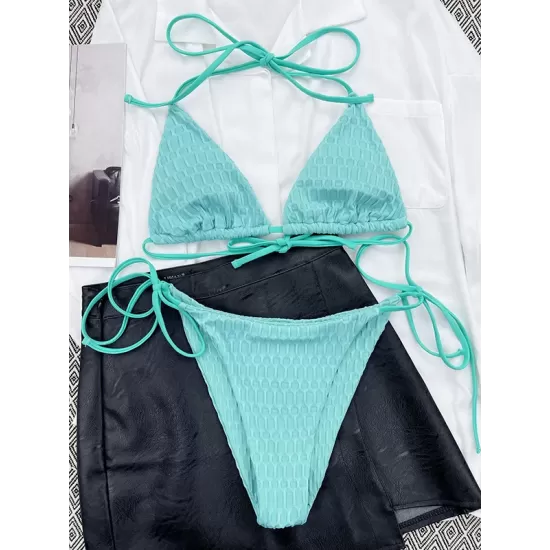 Backless Bandage Hollow Solid Color Padded Halter-Neck Bikini Swimsuit Backless Bandage Hollow Solid Color Padded Halter-Neck Bikini Swimsuit