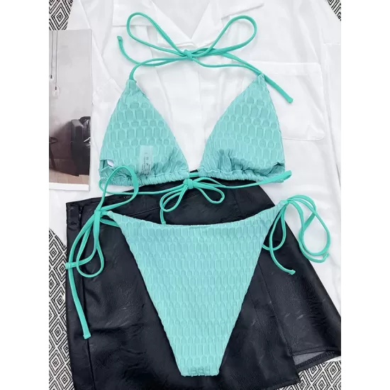 Backless Bandage Hollow Solid Color Padded Halter-Neck Bikini Swimsuit Backless Bandage Hollow Solid Color Padded Halter-Neck Bikini Swimsuit