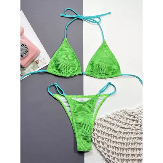Bandage Color-Block Hollow Padded Halter-Neck Bikini Swimsuit Bandage Color-Block Hollow Padded Halter-Neck Bikini Swimsuit