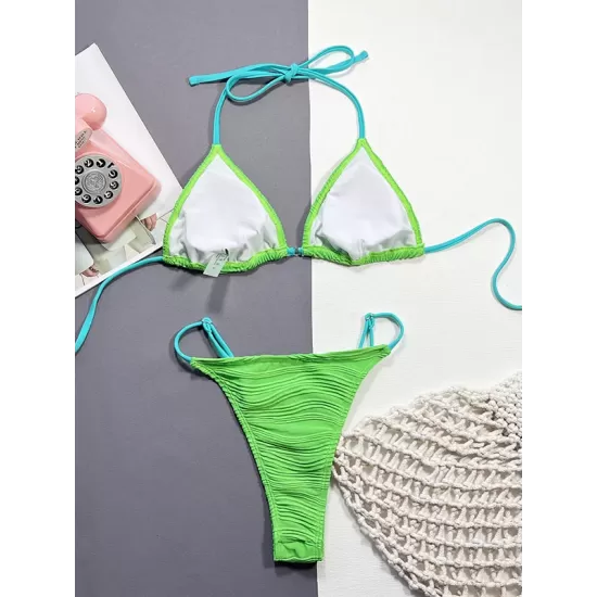 Bandage Color-Block Hollow Padded Halter-Neck Bikini Swimsuit Bandage Color-Block Hollow Padded Halter-Neck Bikini Swimsuit