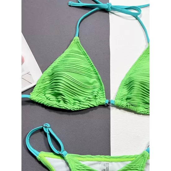 Bandage Color-Block Hollow Padded Halter-Neck Bikini Swimsuit Bandage Color-Block Hollow Padded Halter-Neck Bikini Swimsuit