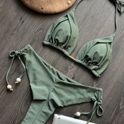 Backless Bandage Drawstring Solid Color Padded Bikini Swimsuit