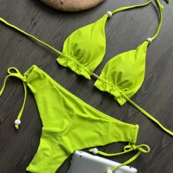 Backless Bandage Drawstring Solid Color Padded Bikini Swimsuit