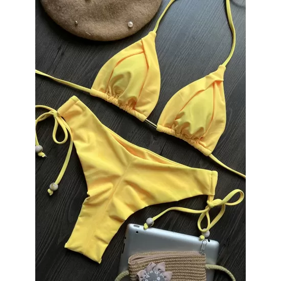 Backless Bandage Drawstring Solid Color Padded Bikini Swimsuit Backless Bandage Drawstring Solid Color Padded Bikini Swimsuit