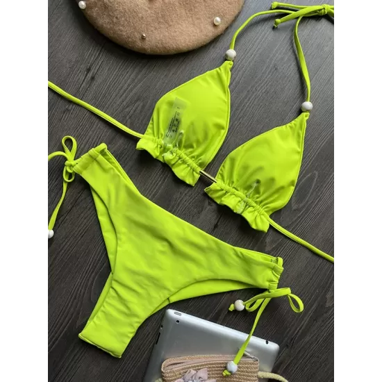 Backless Bandage Drawstring Solid Color Padded Bikini Swimsuit Backless Bandage Drawstring Solid Color Padded Bikini Swimsuit
