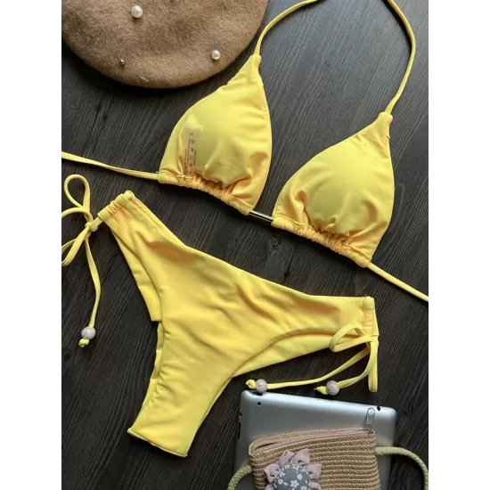 Backless Bandage Drawstring Solid Color Padded Bikini Swimsuit Backless Bandage Drawstring Solid Color Padded Bikini Swimsuit