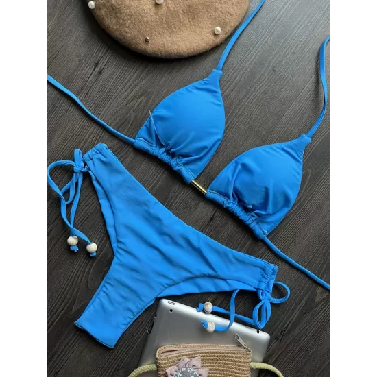 Backless Bandage Drawstring Solid Color Padded Bikini Swimsuit Backless Bandage Drawstring Solid Color Padded Bikini Swimsuit