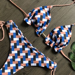 Beach Padded Tie Side Checkered Halter-Neck Bikini Swimsuit