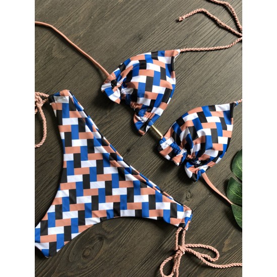 Beach Padded Tie Side Checkered Halter-Neck Bikini Swimsuit Beach Padded Tie Side Checkered Halter-Neck Bikini Swimsuit