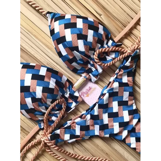 Beach Padded Tie Side Checkered Halter-Neck Bikini Swimsuit Beach Padded Tie Side Checkered Halter-Neck Bikini Swimsuit