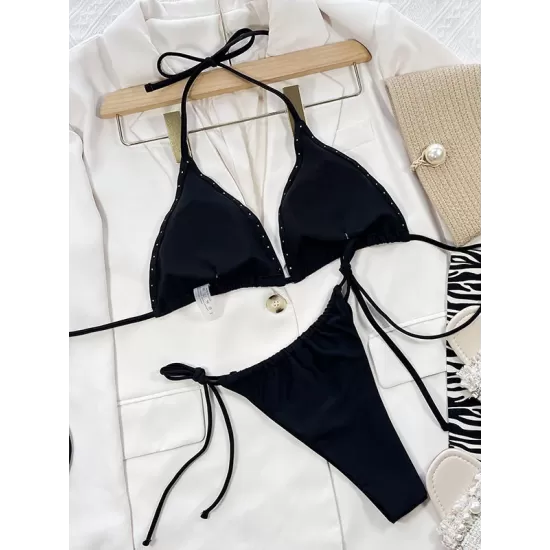 Triangle Pearls Drawstring Two Pieces Bikini Set Triangle Pearls Drawstring Two Pieces Bikini Set