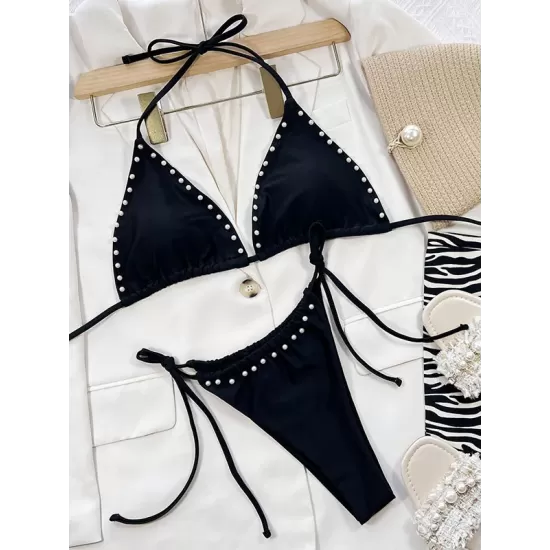 Triangle Pearls Drawstring Two Pieces Bikini Set Triangle Pearls Drawstring Two Pieces Bikini Set
