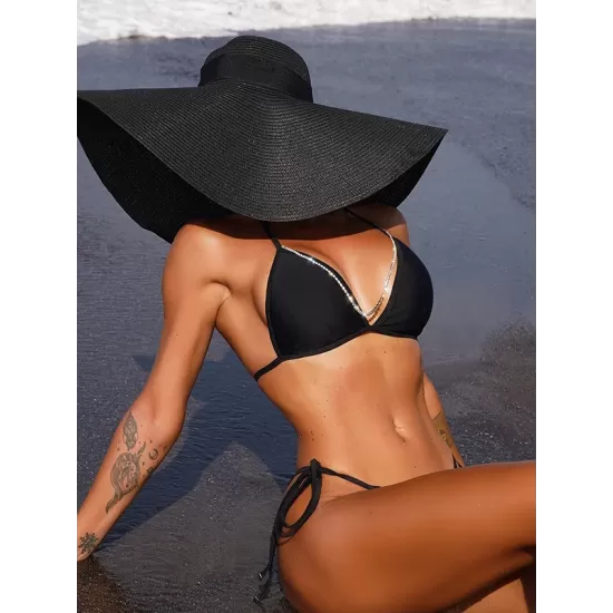 Tie Side Solid Color Halter-Neck Bikini Swimsuit Tie Side Solid Color Halter-Neck Bikini Swimsuit