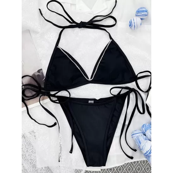 Tie Side Solid Color Halter-Neck Bikini Swimsuit Tie Side Solid Color Halter-Neck Bikini Swimsuit