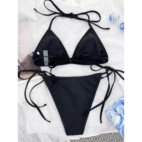 Tie Side Solid Color Halter-Neck Bikini Swimsuit Tie Side Solid Color Halter-Neck Bikini Swimsuit