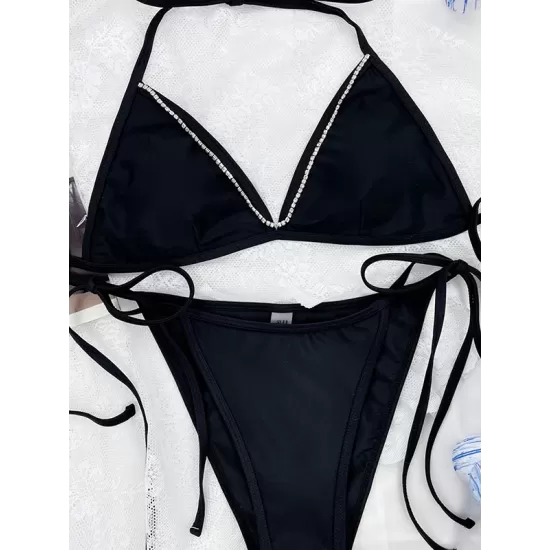 Tie Side Solid Color Halter-Neck Bikini Swimsuit Tie Side Solid Color Halter-Neck Bikini Swimsuit