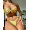 Swimming Pool Padded Falbala Solid Color Off-The-Shoulder Bikini Swimsuit