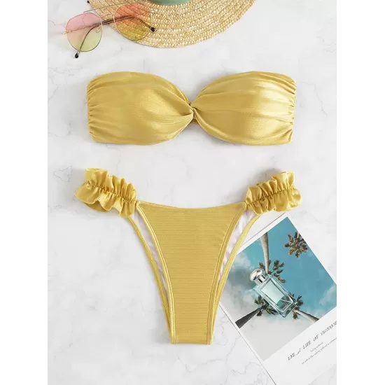 Swimming Pool Padded Falbala Solid Color Off-The-Shoulder Bikini Swimsuit Swimming Pool Padded Falbala Solid Color Off-The-Shoulder Bikini Swimsuit