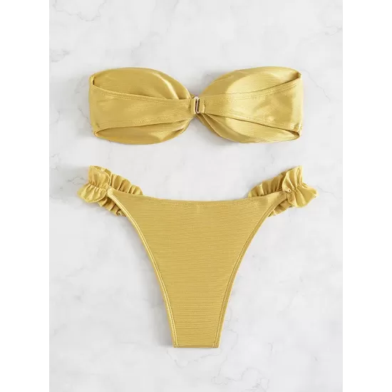 Swimming Pool Padded Falbala Solid Color Off-The-Shoulder Bikini Swimsuit Swimming Pool Padded Falbala Solid Color Off-The-Shoulder Bikini Swimsuit