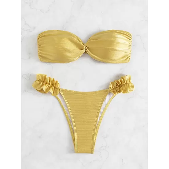 Swimming Pool Padded Falbala Solid Color Off-The-Shoulder Bikini Swimsuit Swimming Pool Padded Falbala Solid Color Off-The-Shoulder Bikini Swimsuit
