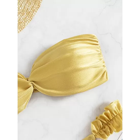 Swimming Pool Padded Falbala Solid Color Off-The-Shoulder Bikini Swimsuit Swimming Pool Padded Falbala Solid Color Off-The-Shoulder Bikini Swimsuit