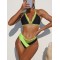 Padded Mesh Contrast Color Halter-Neck Bikini Swimsuit