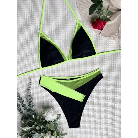 Padded Mesh Contrast Color Halter-Neck Bikini Swimsuit Padded Mesh Contrast Color Halter-Neck Bikini Swimsuit