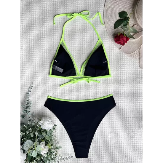 Padded Mesh Contrast Color Halter-Neck Bikini Swimsuit Padded Mesh Contrast Color Halter-Neck Bikini Swimsuit