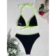 Padded Mesh Contrast Color Halter-Neck Bikini Swimsuit Padded Mesh Contrast Color Halter-Neck Bikini Swimsuit