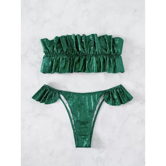 Padded Ruffled Falbala Off-The-Shoulder Bikini Swimsuit Padded Ruffled Falbala Off-The-Shoulder Bikini Swimsuit