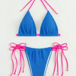 Halterneck Triangle Drawstring Bikini Set