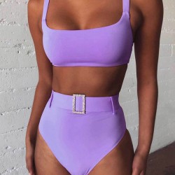 Spaghetti Neck High Waist Belted Bikini Set