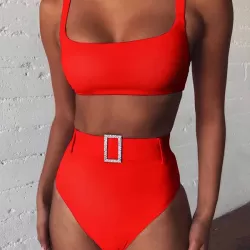 Spaghetti Neck High Waist Belted Bikini Set