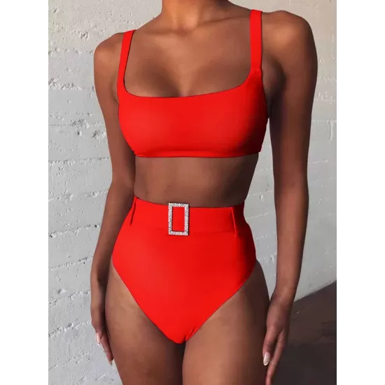 Spaghetti Neck High Waist Belted Bikini Set Spaghetti Neck High Waist Belted Bikini Set