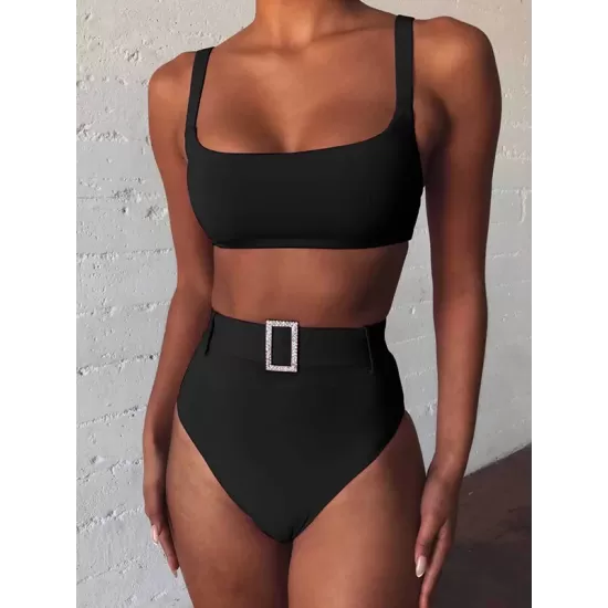 Spaghetti Neck High Waist Belted Bikini Set Spaghetti Neck High Waist Belted Bikini Set