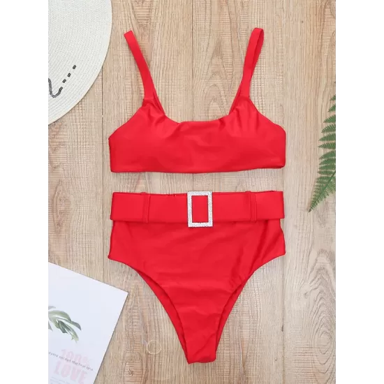 Spaghetti Neck High Waist Belted Bikini Set Spaghetti Neck High Waist Belted Bikini Set