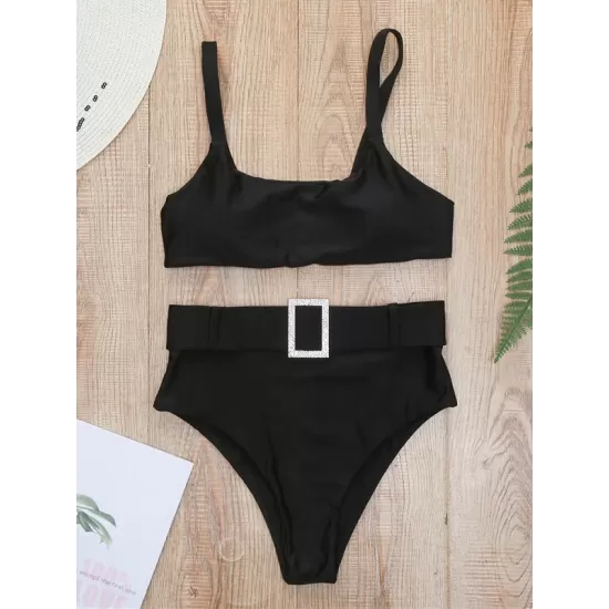 Spaghetti Neck High Waist Belted Bikini Set Spaghetti Neck High Waist Belted Bikini Set