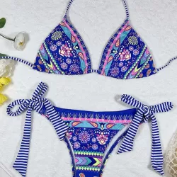 Halterneck Triangle Floral Drawstring Bikini Set