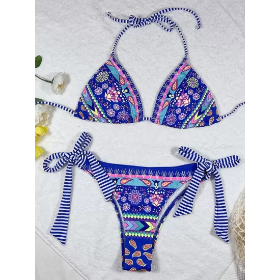 Halterneck Triangle Floral Drawstring Bikini Set Halterneck Triangle Floral Drawstring Bikini Set
