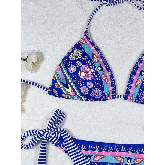 Halterneck Triangle Floral Drawstring Bikini Set Halterneck Triangle Floral Drawstring Bikini Set