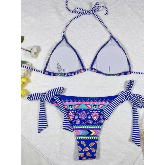 Halterneck Triangle Floral Drawstring Bikini Set Halterneck Triangle Floral Drawstring Bikini Set