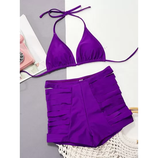 Halterneck Triangle High Waist Two Pieces Bikini Set Halterneck Triangle High Waist Two Pieces Bikini Set