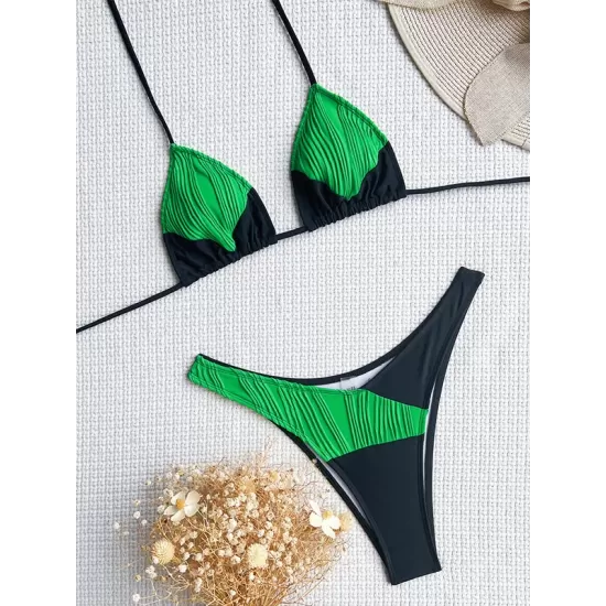 Padded Contrast Color Hollow Deep V-Neck Bikini Swimsuit Padded Contrast Color Hollow Deep V-Neck Bikini Swimsuit